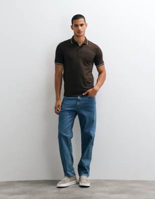 Selected Tipped Collar Short Sleeve Polo In Brown