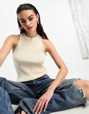 Selected - Trägertop aus Strick in Creme mit Ringerrücken-Weiß