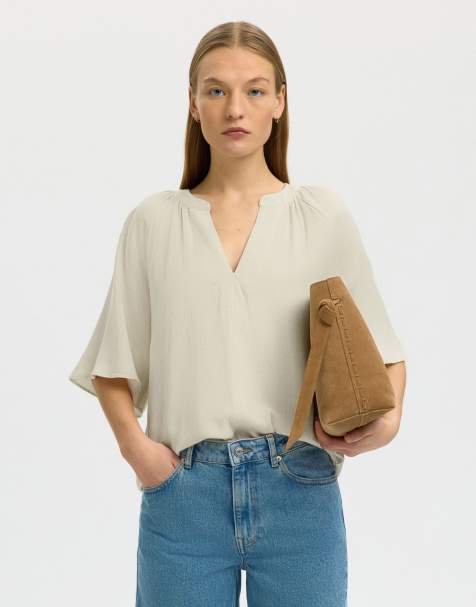 Selected V-neck blouse in sandshell - view 1
