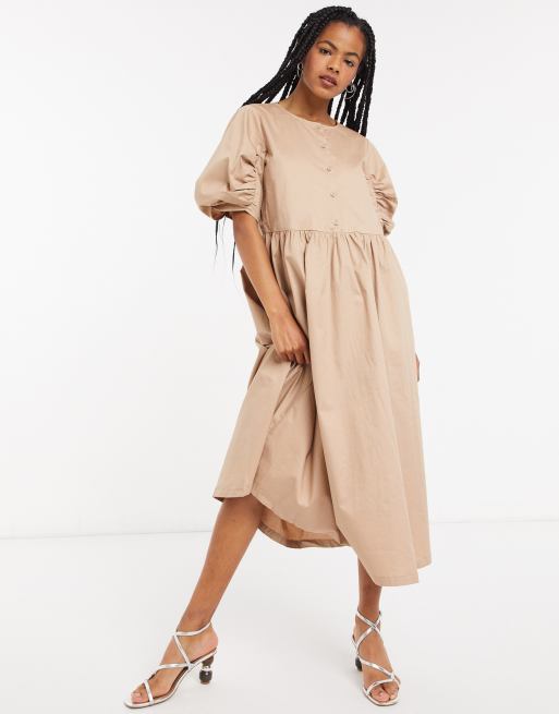 Selected - Vestito midi beige con maniche a sbuffo