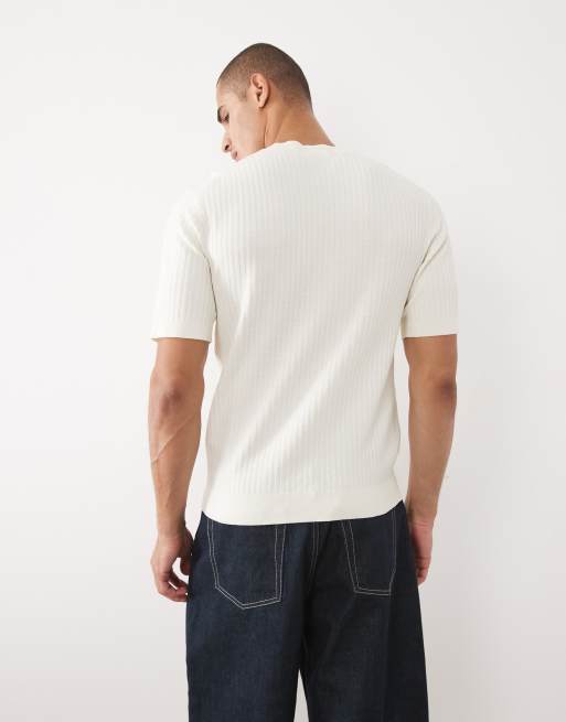 Selected viscose blend knitted structured t-shirt in cream, 3 of 5