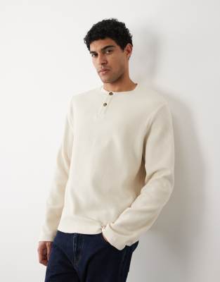Selected Waffle Knit Long Sleeve Henley Neck T-shirt In Neutral