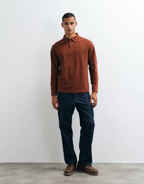 Selected waffle knit long sleeve polo shirt in rust - view 1