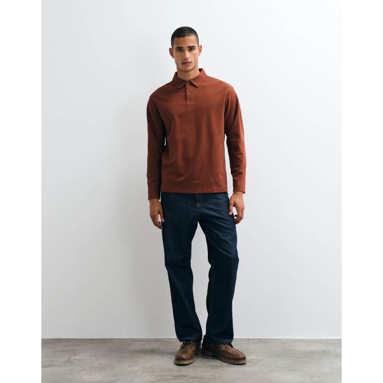 Selected waffle knit long sleeve polo shirt in rust | ASOS