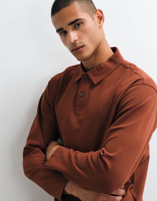 Selected waffle knit long sleeve polo shirt in rust, 4 of 5
