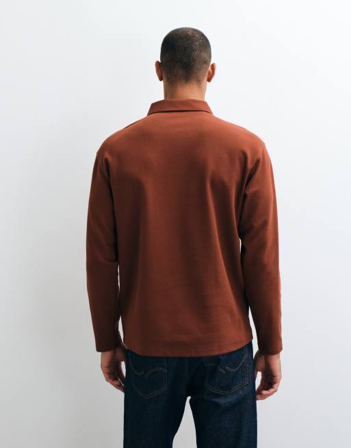 Selected waffle knit long sleeve polo shirt in rust, 5 of 5