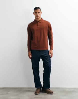 Selected Waffle Long Sleeve Polo In Brown