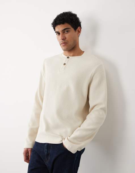 Selected waffle long sleeved sleeved henley t-shirt in cream