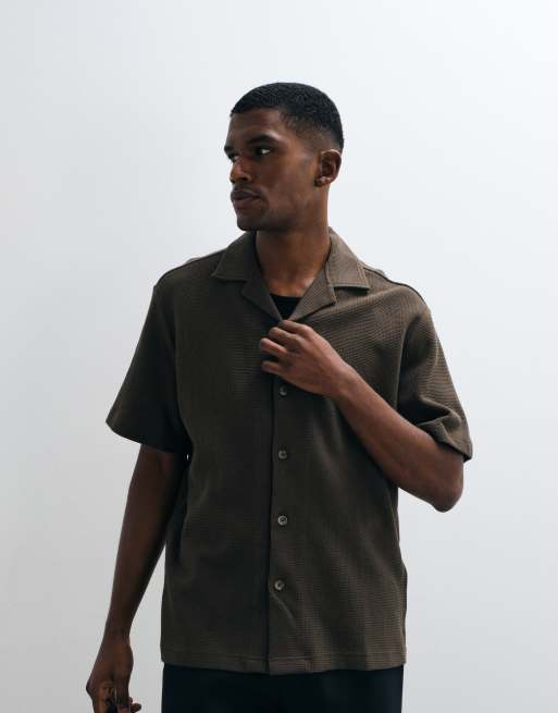 Selected waffle short sleeve shirt in brown, 3 of 5