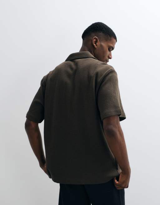 Selected waffle short sleeve shirt in brown, 4 of 5