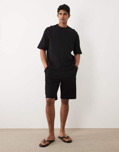 Selected waffle shorts in black - part of a set - view 1