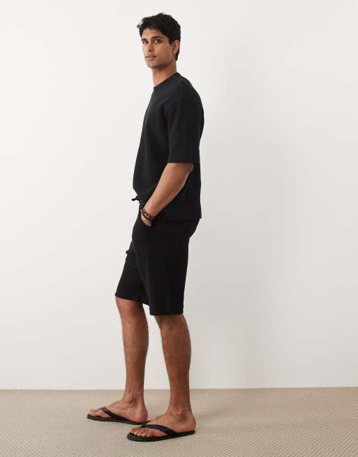 Selected waffle shorts in black (part of a set), 2 of 5