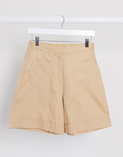 Selected Femme cotton wide leg shorts in camel - TAN