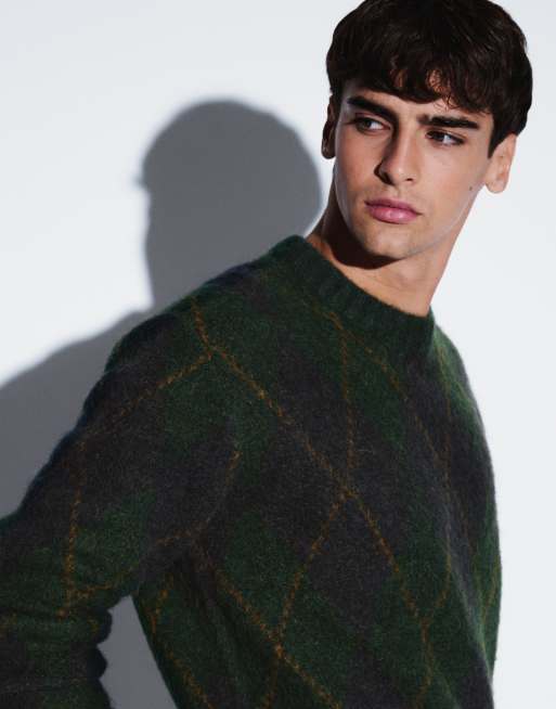 Selected wool blend argyle jumper in forest green, 3 of 5