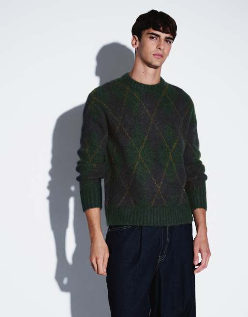 Selected wool blend argyle jumper in forest green, 5 of 5