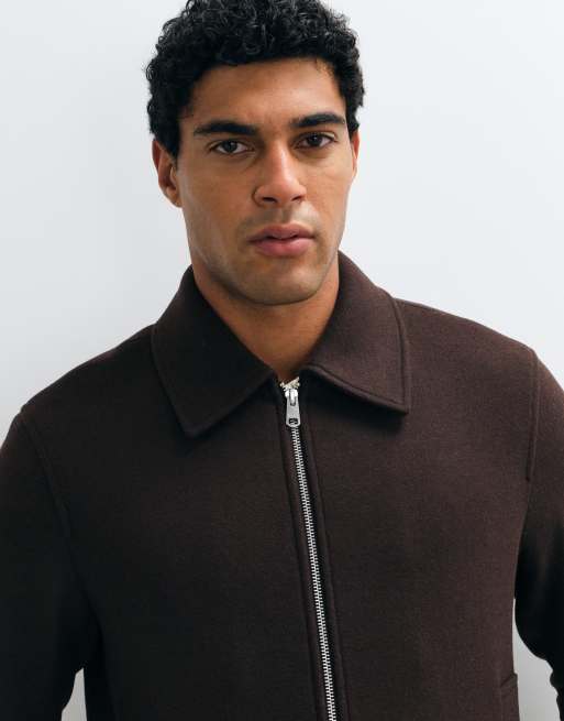Selected wool blend double zip jacket in brown, 5 of 5