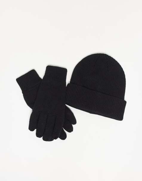 Selected wool blend gift set with beanie and gloves in black - view 1