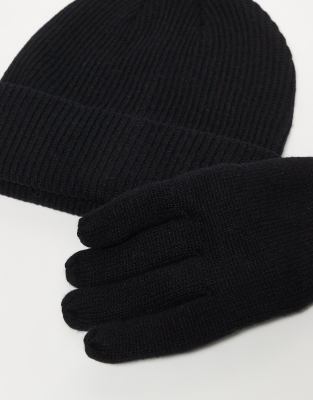 Selected Wool Blend Gift Set With Beanie And Gloves In Black