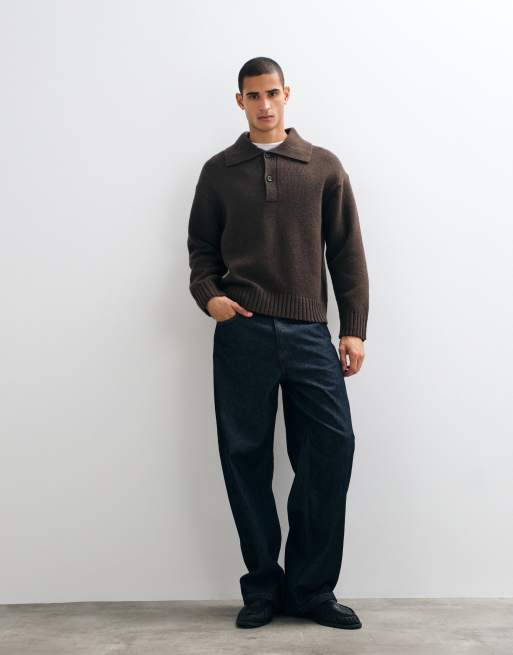 Selected wool blend knitted polo in chocolate brown, 2 of 10