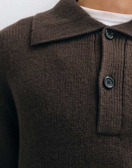 Selected wool blend knitted polo in chocolate brown, 3 of 10