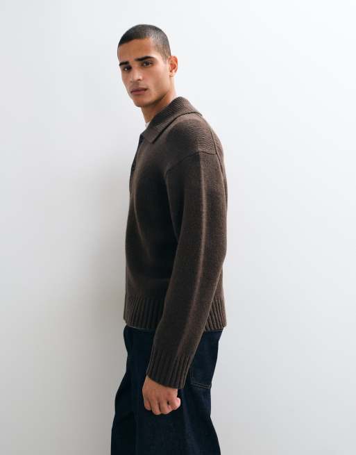 Selected wool blend knitted polo in chocolate brown, 4 of 10