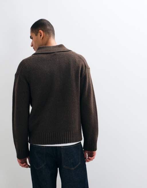 Selected wool blend knitted polo in chocolate brown, 5 of 10