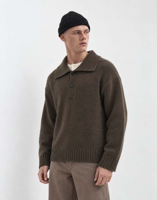 Selected wool blend knitted polo in chocolate brown, 6 of 10