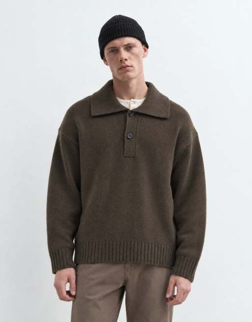 Selected wool blend knitted polo in chocolate brown, 7 of 10
