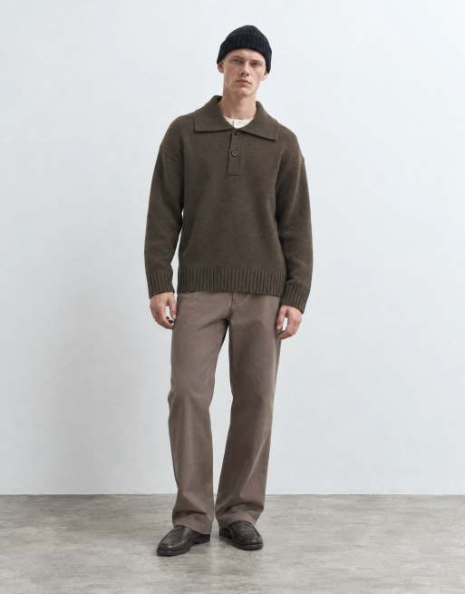 Selected wool blend knitted polo in chocolate brown, 9 of 10