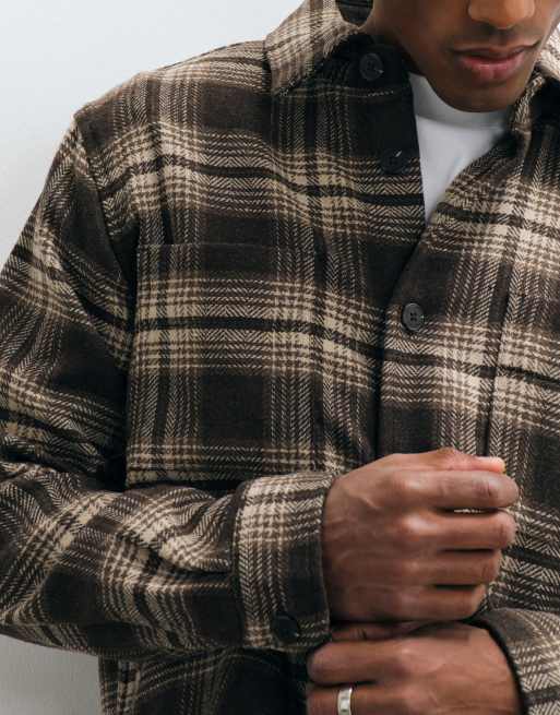 Selected wool blend tweed overshirt in brown check, 4 of 5