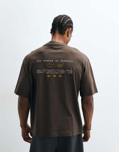 Selected x Domestic 100% cotton heavyweight t-shirt with print in chocolate brown - view 1