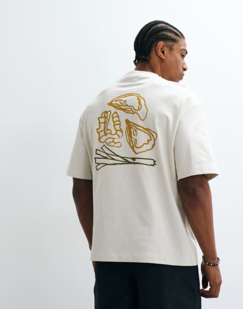 Selected x Domestic 100% cotton heavyweight t-shirt with print in off white - view 1