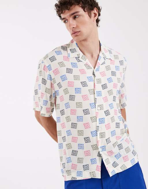 Selected X Hotel Amour - Camicia a maniche corte color crema con stampa di francobolli