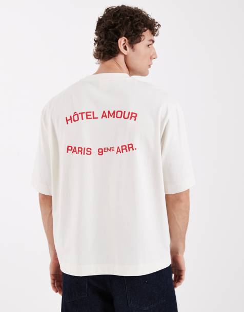 Selected X Hotel amour oversized t-shirt with front print in cream - view 1