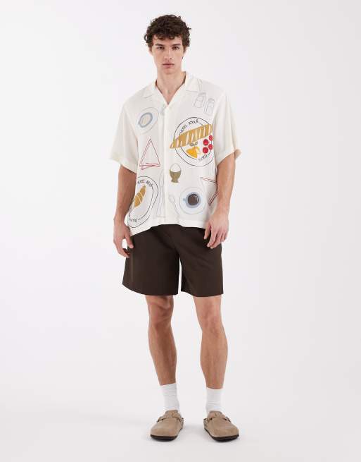 Selected X Hotel Amour short sleeve shirt with dinner print in cream, 2 of 5
