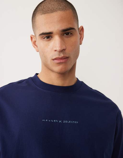 Selected x Mduzeh – Granatowy gruby T-shirt z nadrukiem na plecach, 3 z 5