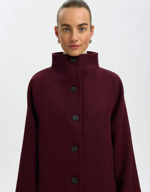 Selected Zia-vinni cappotto al ginocchio in misto lana con maniche raglan rosso, 4 di 6