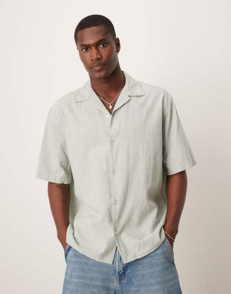 Selected revere collar linen blend shirt in green 