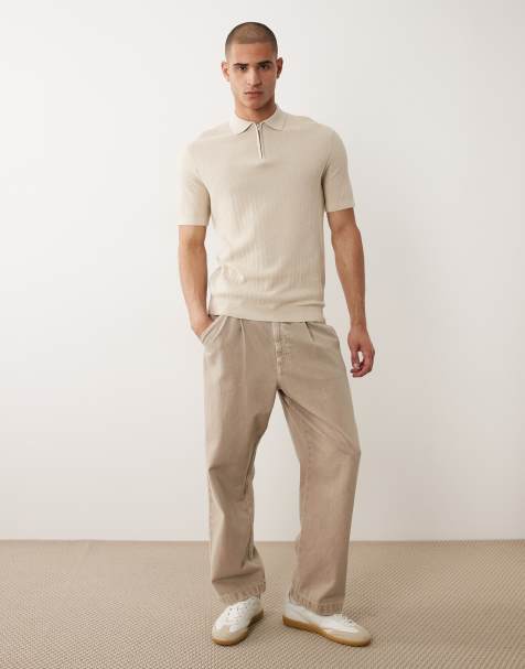 Selected zip polo in beige - view 1