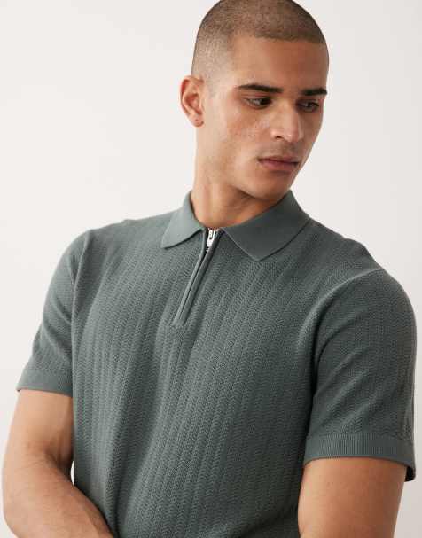 Selected zip polo in dark green - view 1