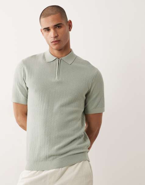 Selected zip polo in sage green - view 1
