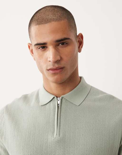 Selected zip polo in sage green, 3 of 5