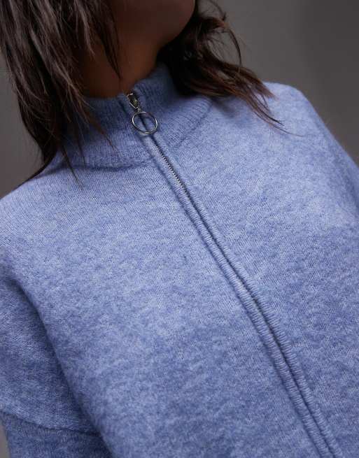 Selected zip thru alpaca blend fluffy cardigan with pockets in blue, 2 of 4