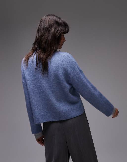 Selected zip thru alpaca blend fluffy cardigan with pockets in blue, 3 of 4