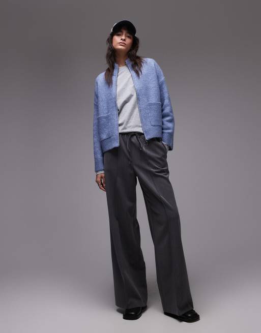 Selected zip thru alpaca blend fluffy cardigan with pockets in blue, 4 of 4