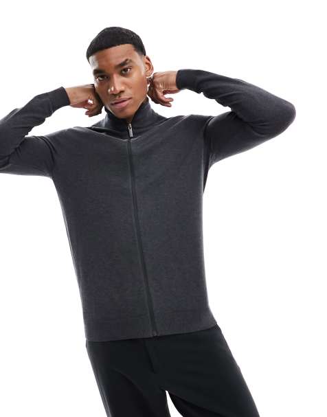 Selected zip up knitted jumper in dark grey melange - view 1