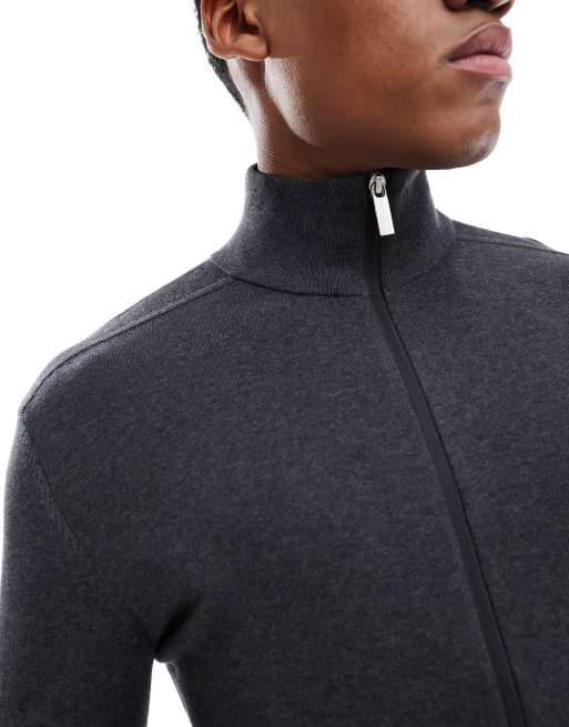 Selected zip up knitted jumper in dark grey melange, 3 of 4
