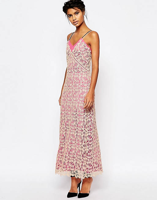 Self Portrait Lace Shell Maxi Slip Dress with Pink Lining
