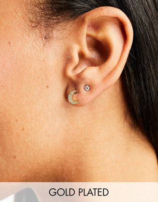 Seol + Gold 18ct gold vermeil cubic zirconia crescent stud earrings  - ASOS Price Checker
