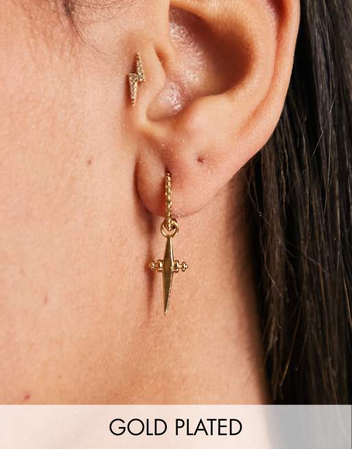 Seol + Gold 18ct gold vermeil dagger cross charm hoop earrings